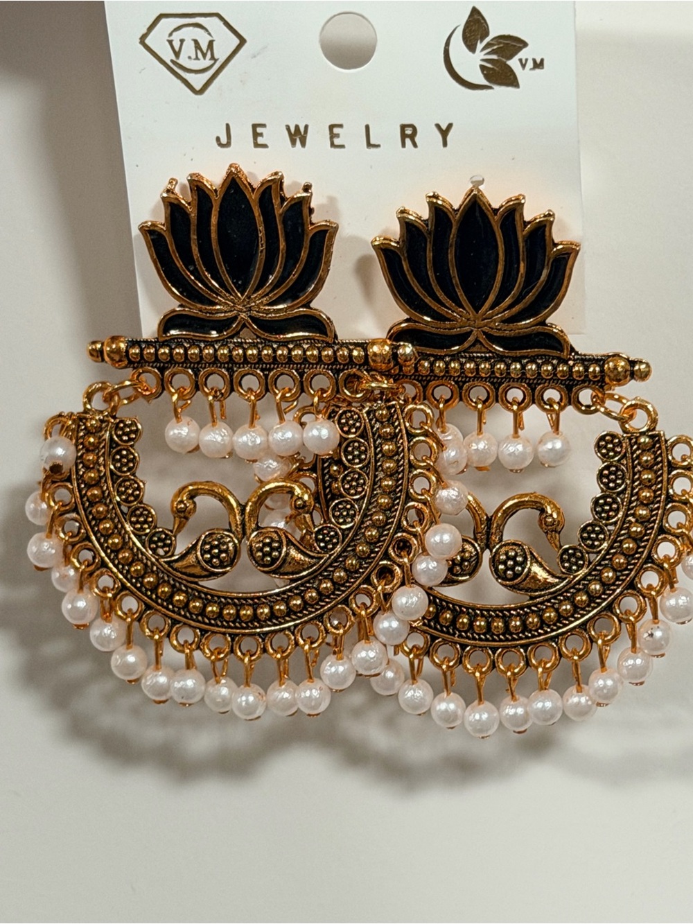 VM Gold-Tone Lotus Pearl Chandbali Earrings with Black Accents